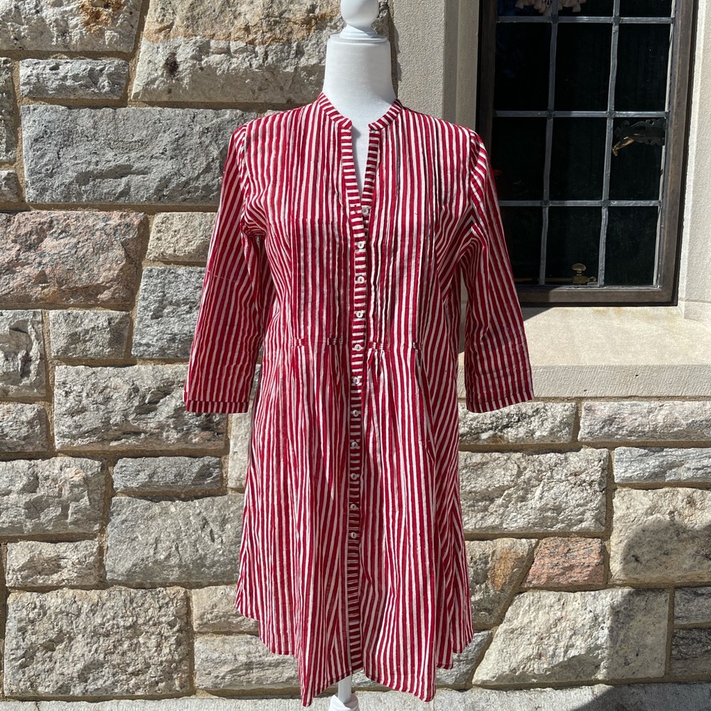 Anokhi red striped long sleeve shirt dress